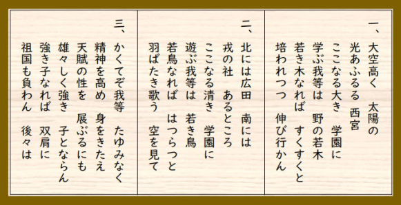 校歌歌詞の画像。３番まで記載あり
